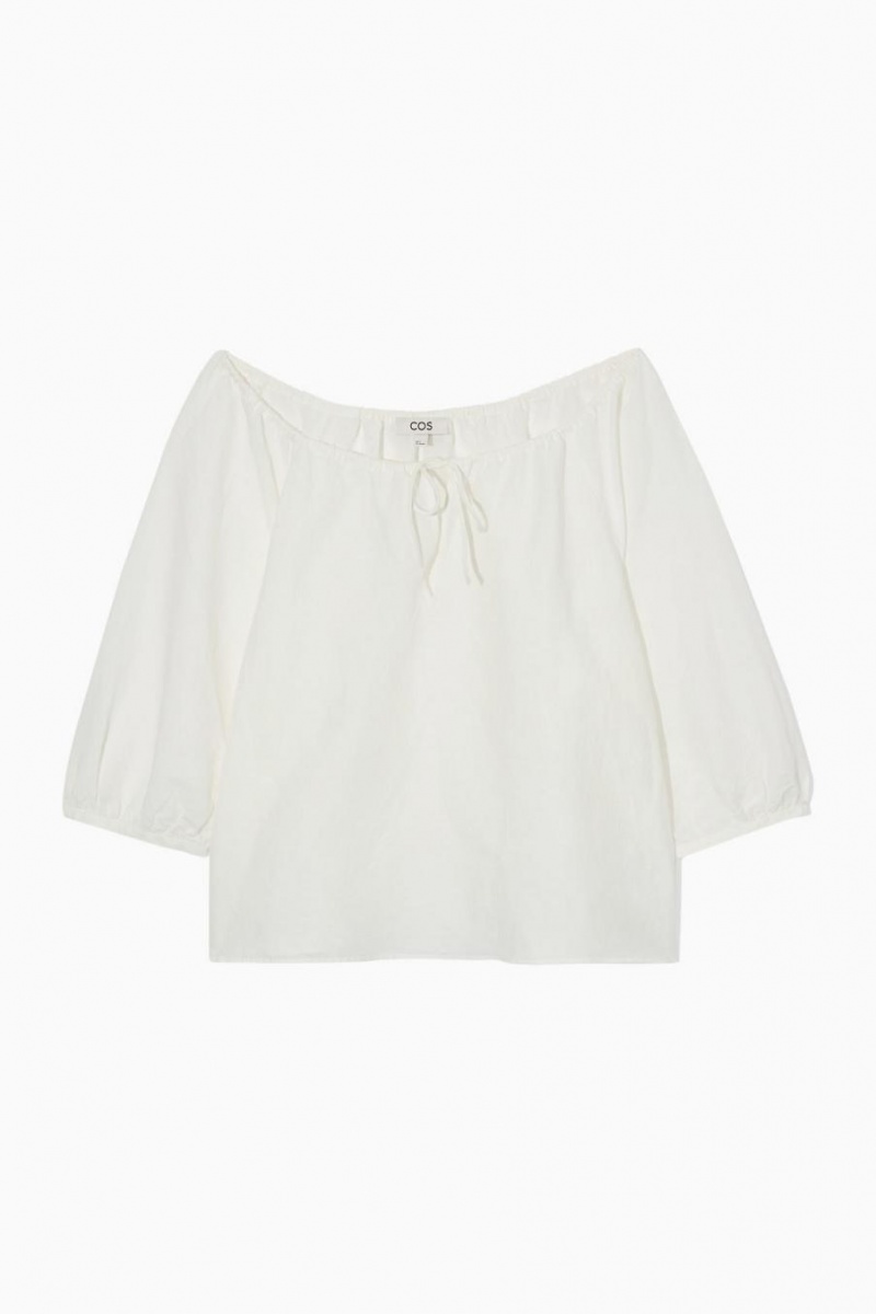 COS Ballerina-neck Floaty Linen Blúz Női Fehér | QUX-913048