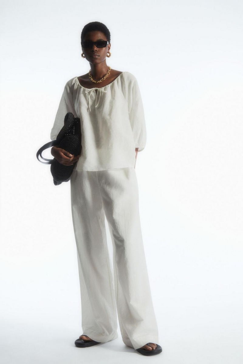 COS Ballerina-neck Floaty Linen Blúz Női Fehér | QUX-913048
