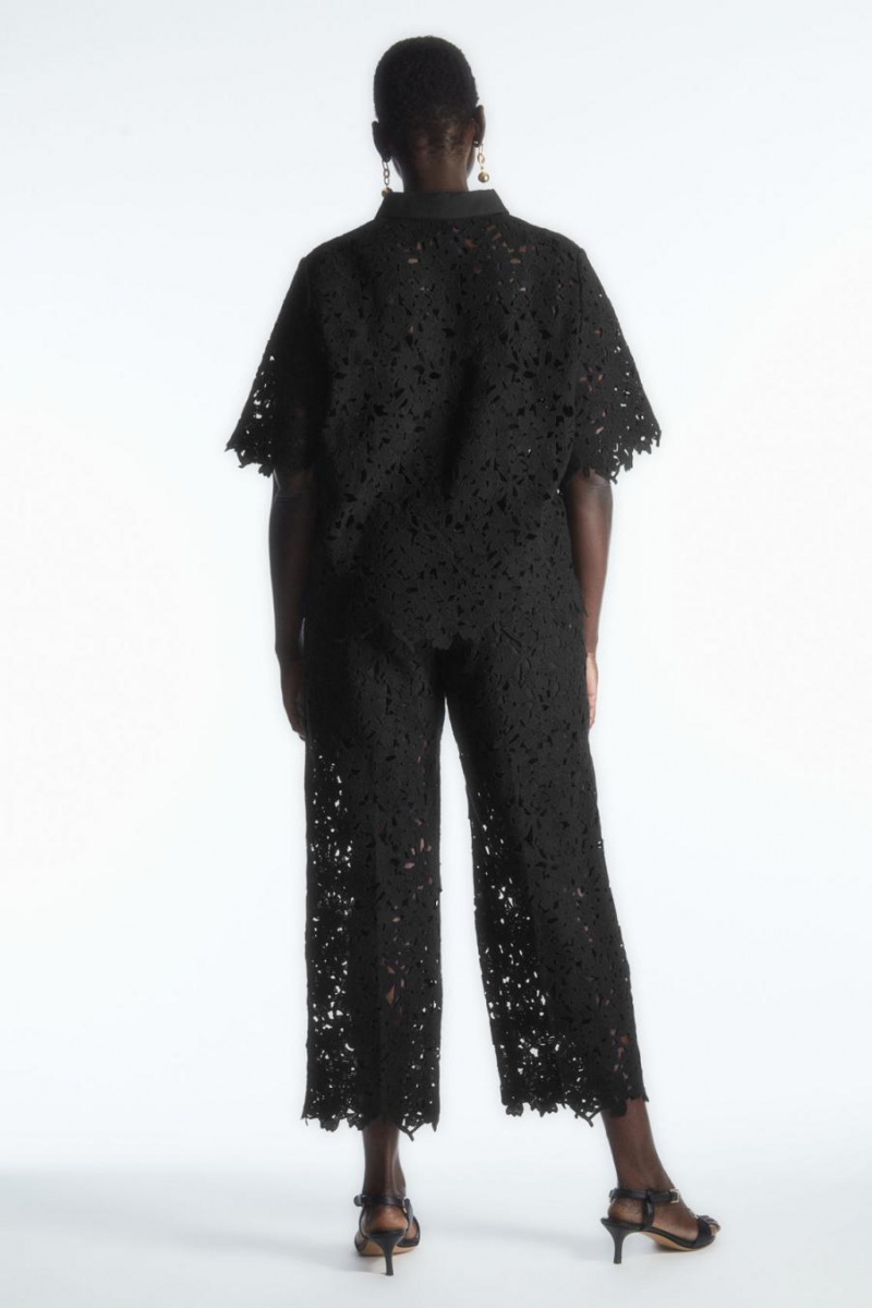 COS Barrel-leg Broderie Anglaise Nadrág Női Fekete | DUV-298574