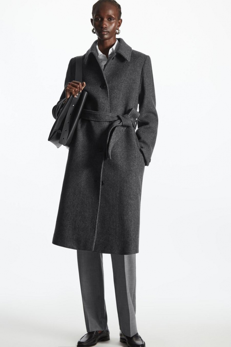 COS Belted Herringbone Gyapjú Kabát Női Sötétszürke | MWE-805692