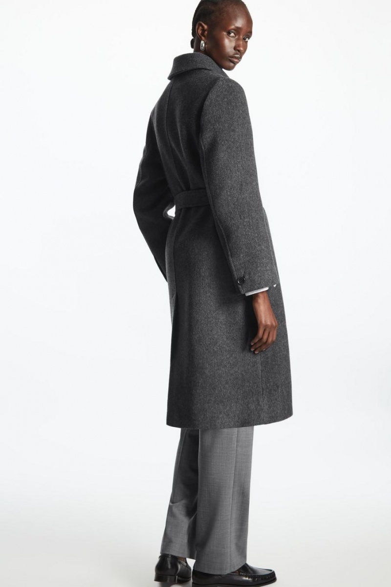 COS Belted Herringbone Gyapjú Kabát Női Sötétszürke | MWE-805692