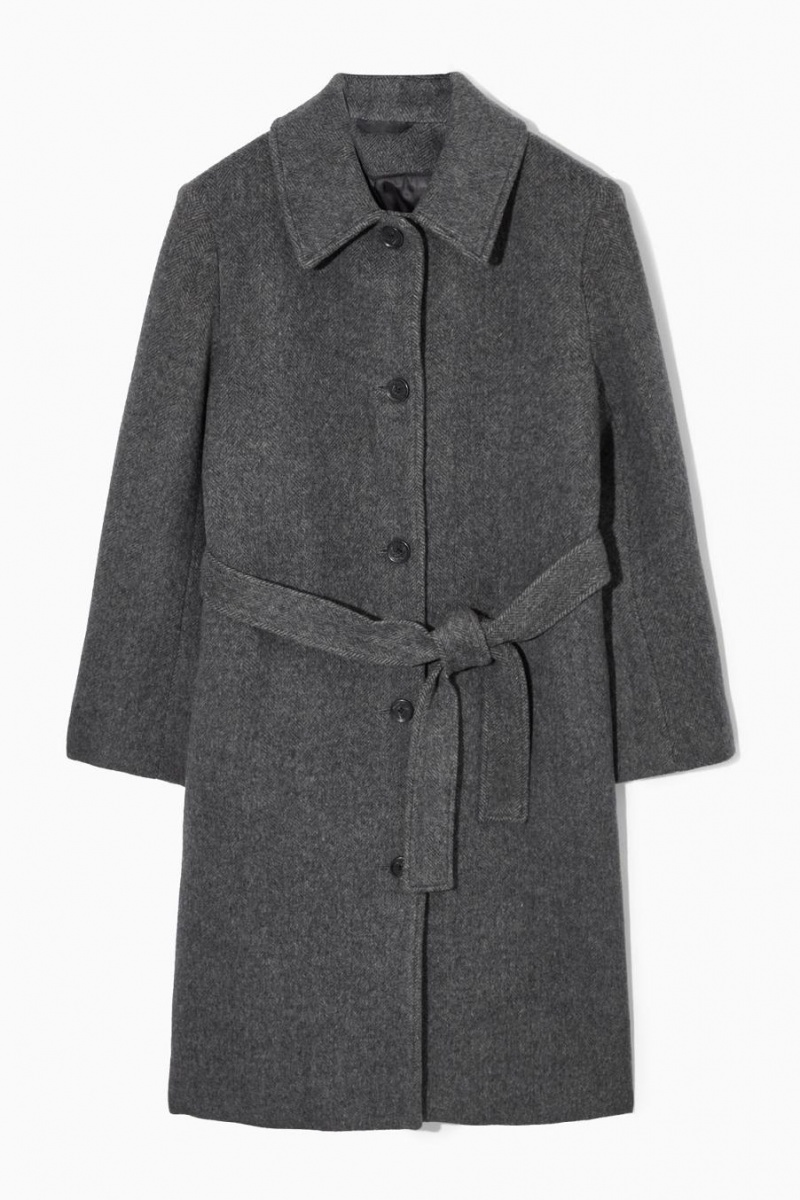 COS Belted Herringbone Gyapjú Kabát Női Sötétszürke | MWE-805692