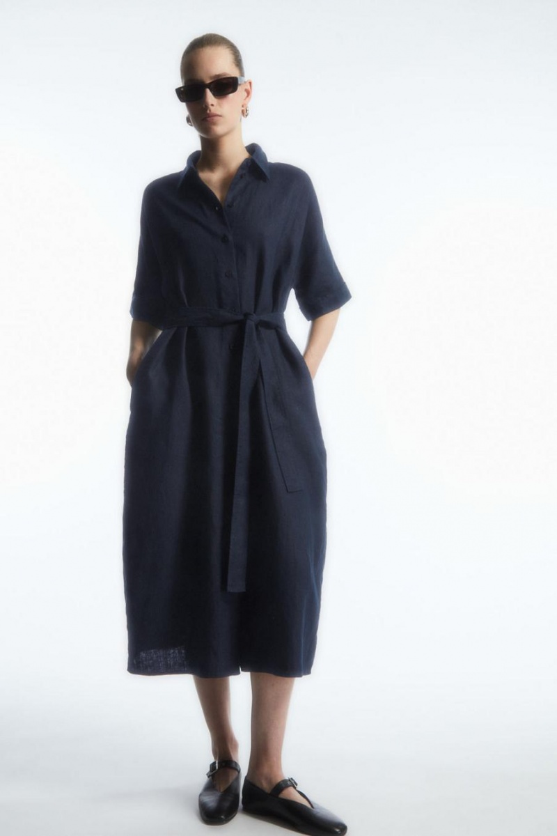 COS Belted Linen Shirt Ruha Női Sötétkék | WVG-370915
