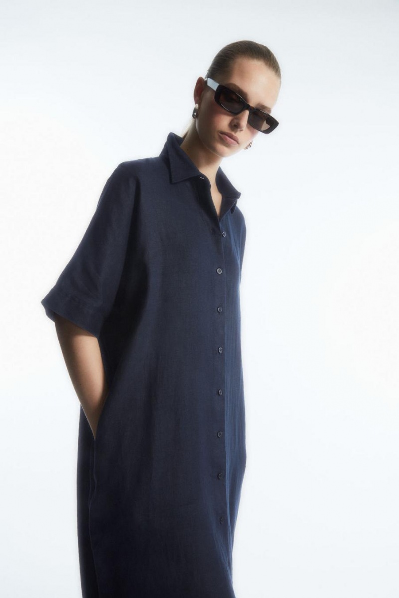 COS Belted Linen Shirt Ruha Női Sötétkék | WVG-370915