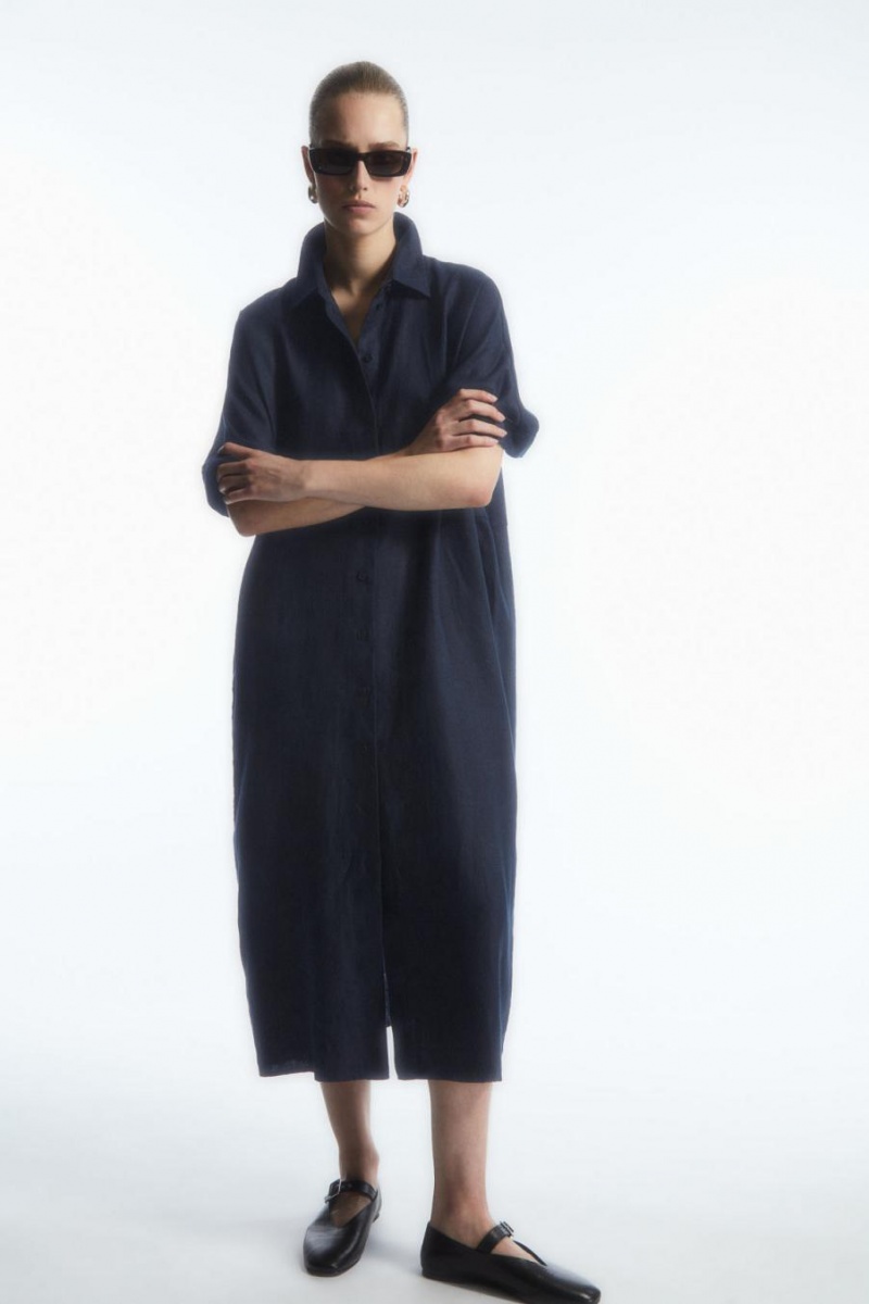 COS Belted Linen Shirt Ruha Női Sötétkék | WVG-370915