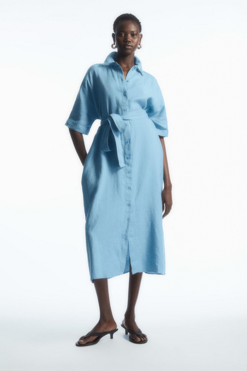 COS Belted Linen Shirt Ruha Női Világos Kék | GIL-286435