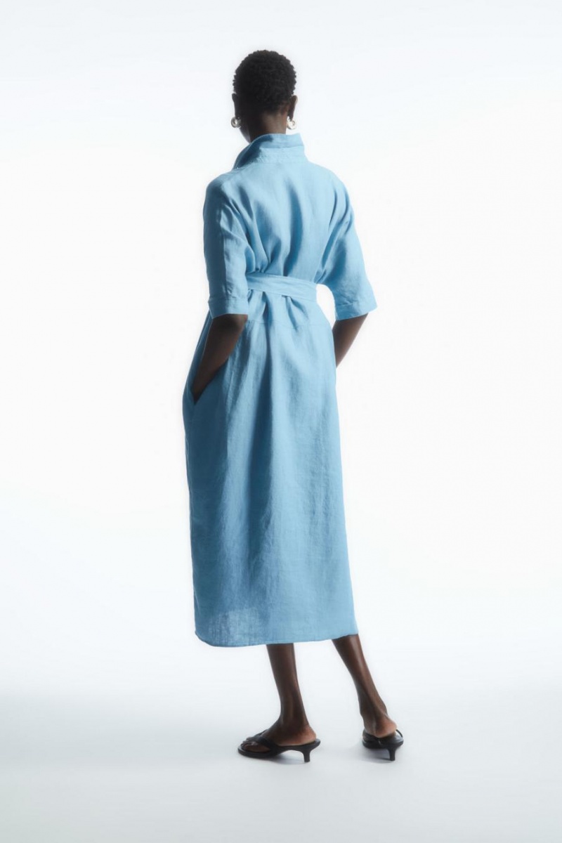 COS Belted Linen Shirt Ruha Női Világos Kék | GIL-286435