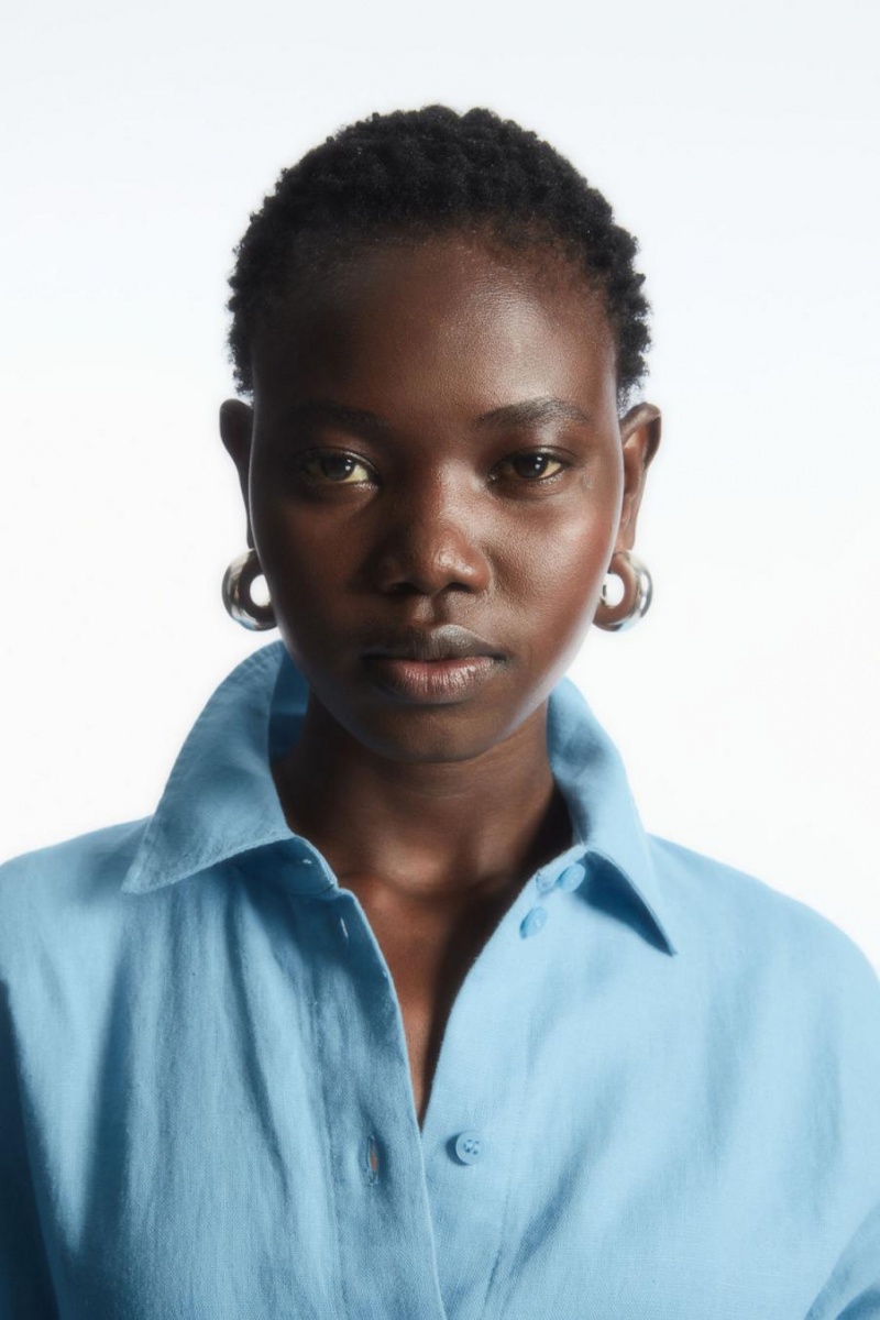 COS Belted Linen Shirt Ruha Női Világos Kék | GIL-286435
