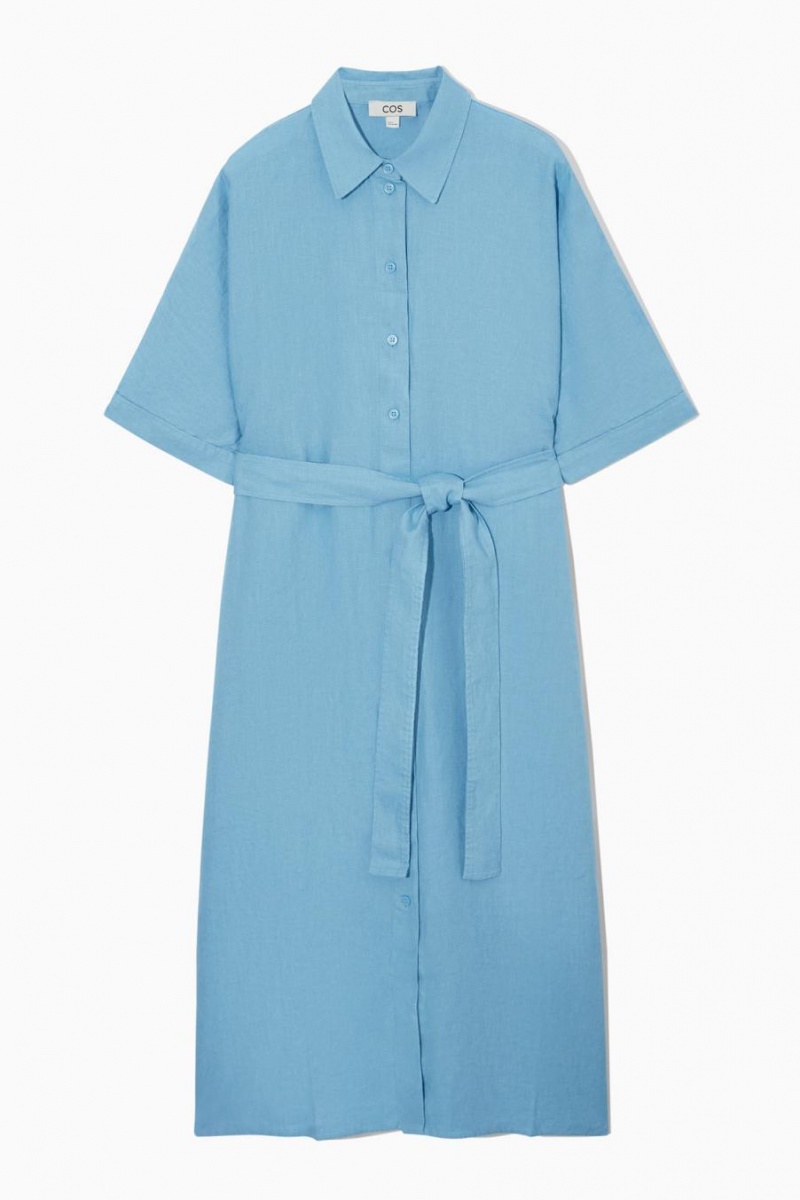 COS Belted Linen Shirt Ruha Női Világos Kék | GIL-286435