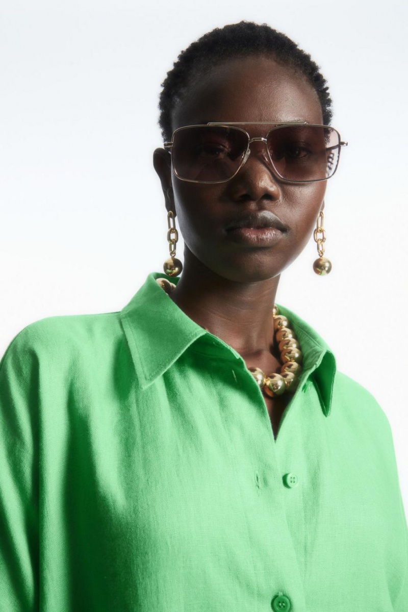 COS Belted Linen Shirt Ruha Női Zöld | ESR-716352