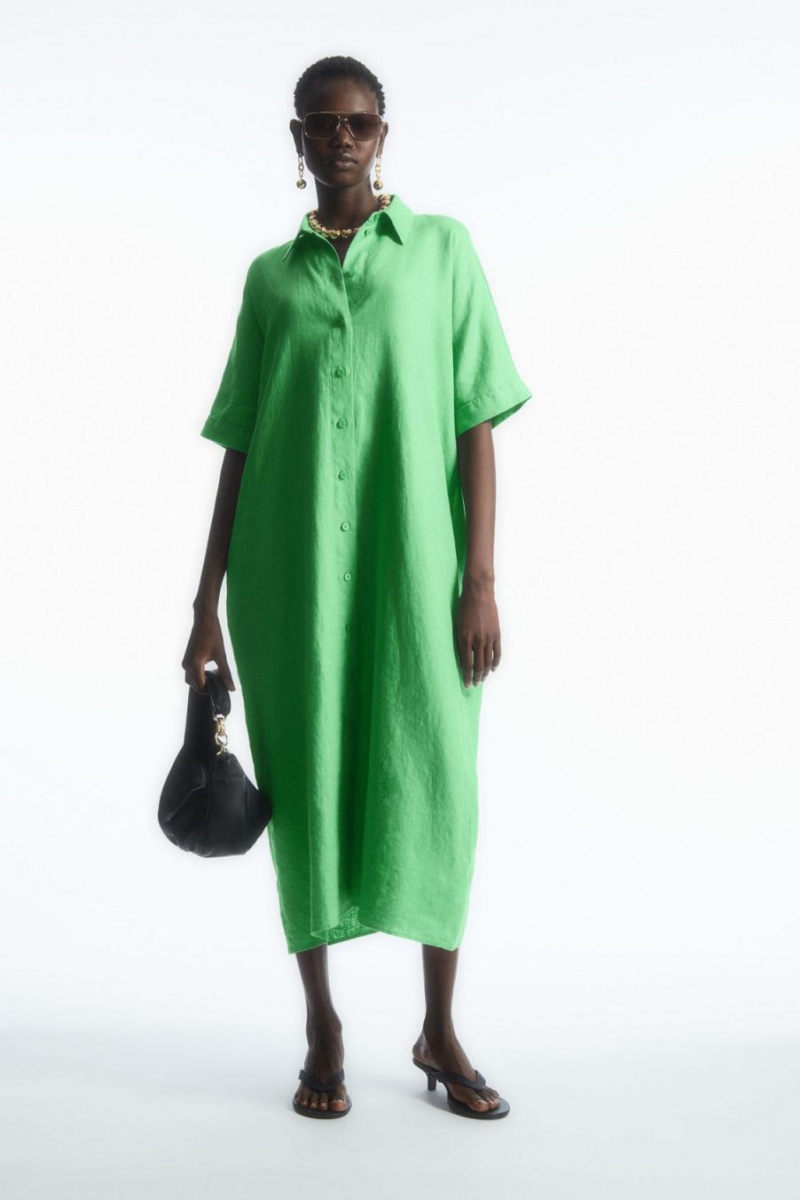 COS Belted Linen Shirt Ruha Női Zöld | ESR-716352