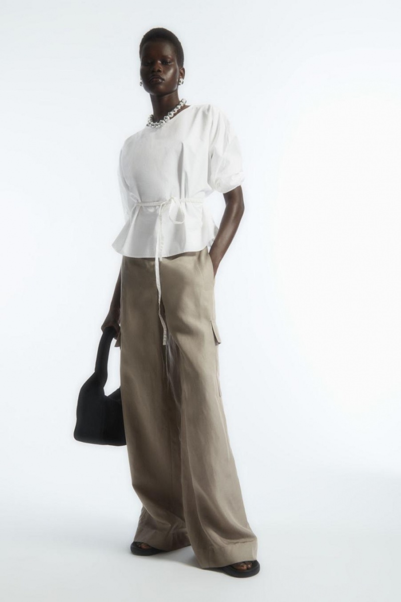 COS Belted Puff-sleeve Blúz Női Fehér | OXQ-430759