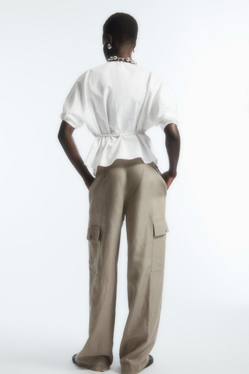 COS Belted Puff-sleeve Blúz Női Fehér | OXQ-430759