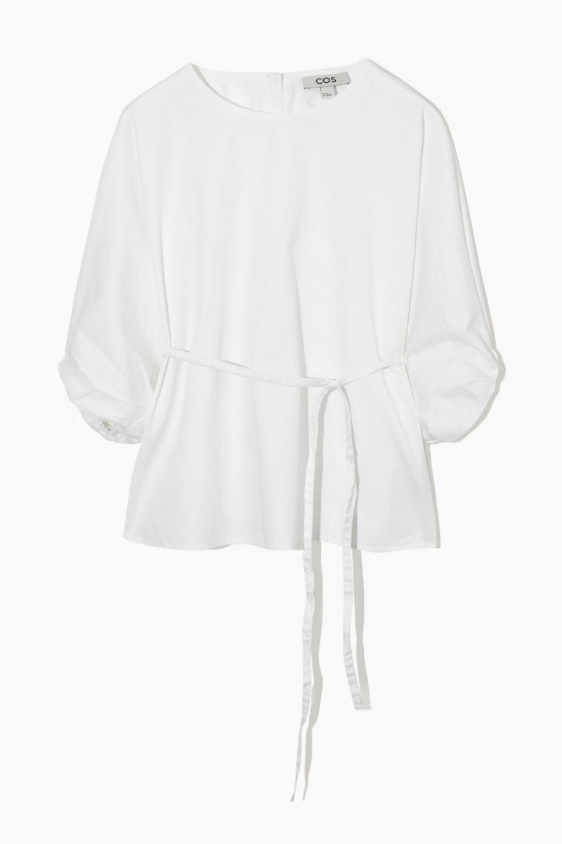 COS Belted Puff-sleeve Blúz Női Fehér | OXQ-430759