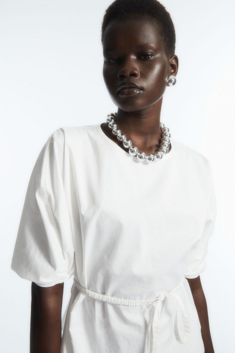 COS Belted Puff-sleeve Blúz Női Fehér | OXQ-430759