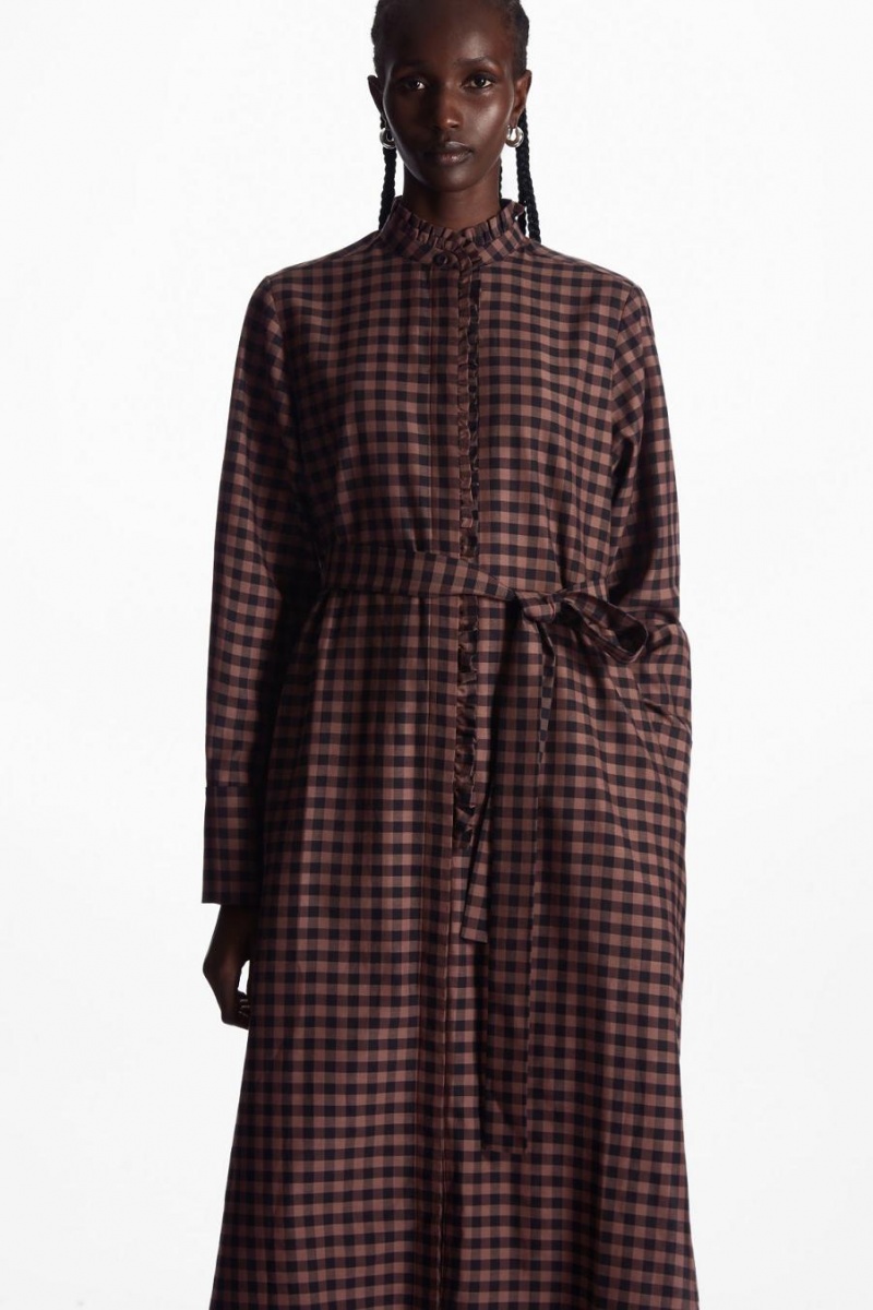 COS Belted Ruffled Midi Shirt Ruha Női Barna Fekete | JXU-358716