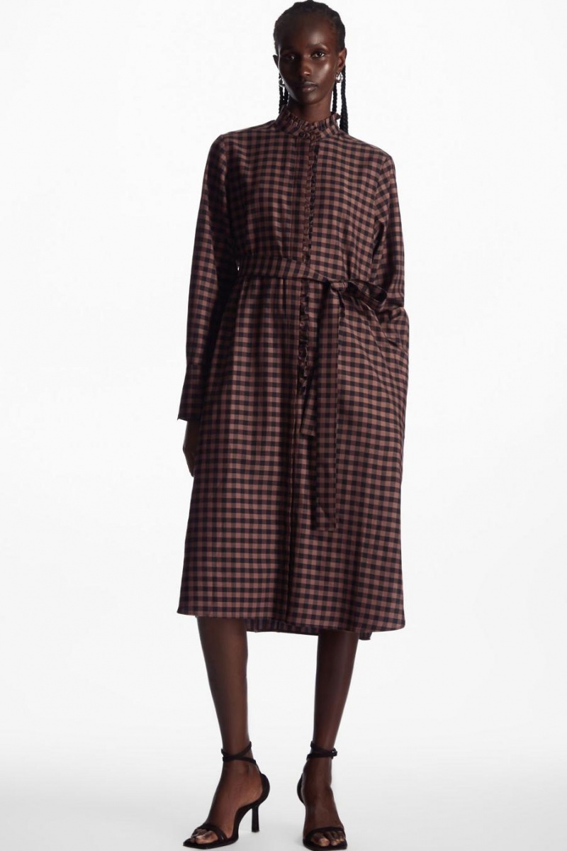 COS Belted Ruffled Midi Shirt Ruha Női Barna Fekete | JXU-358716