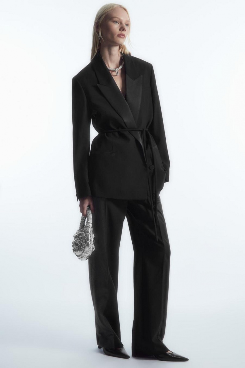 COS Belted Satin-lapel Tuxedo Blézer Női Fekete | VLB-205493