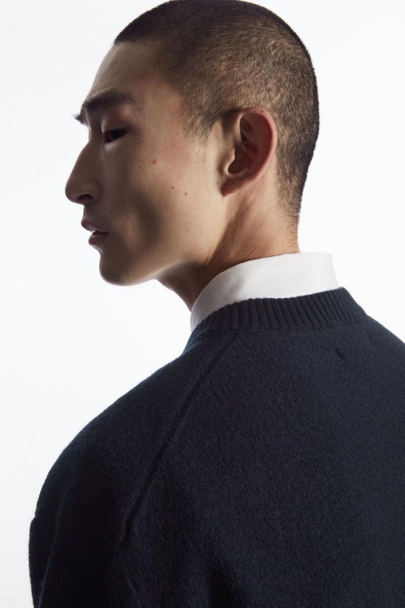 COS Boiled-wool Crew-neck Jumpers Férfi Sötétkék | YOT-987405