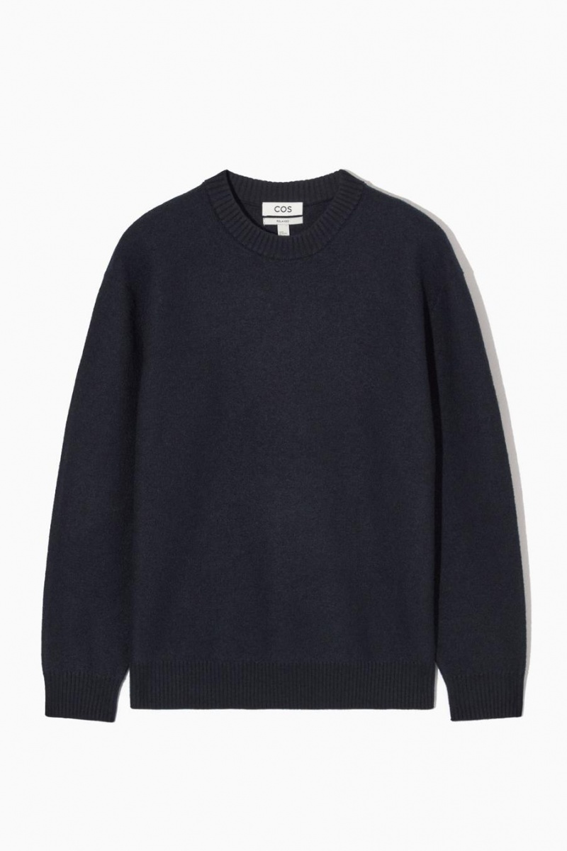 COS Boiled-wool Crew-neck Jumpers Férfi Sötétkék | YOT-987405