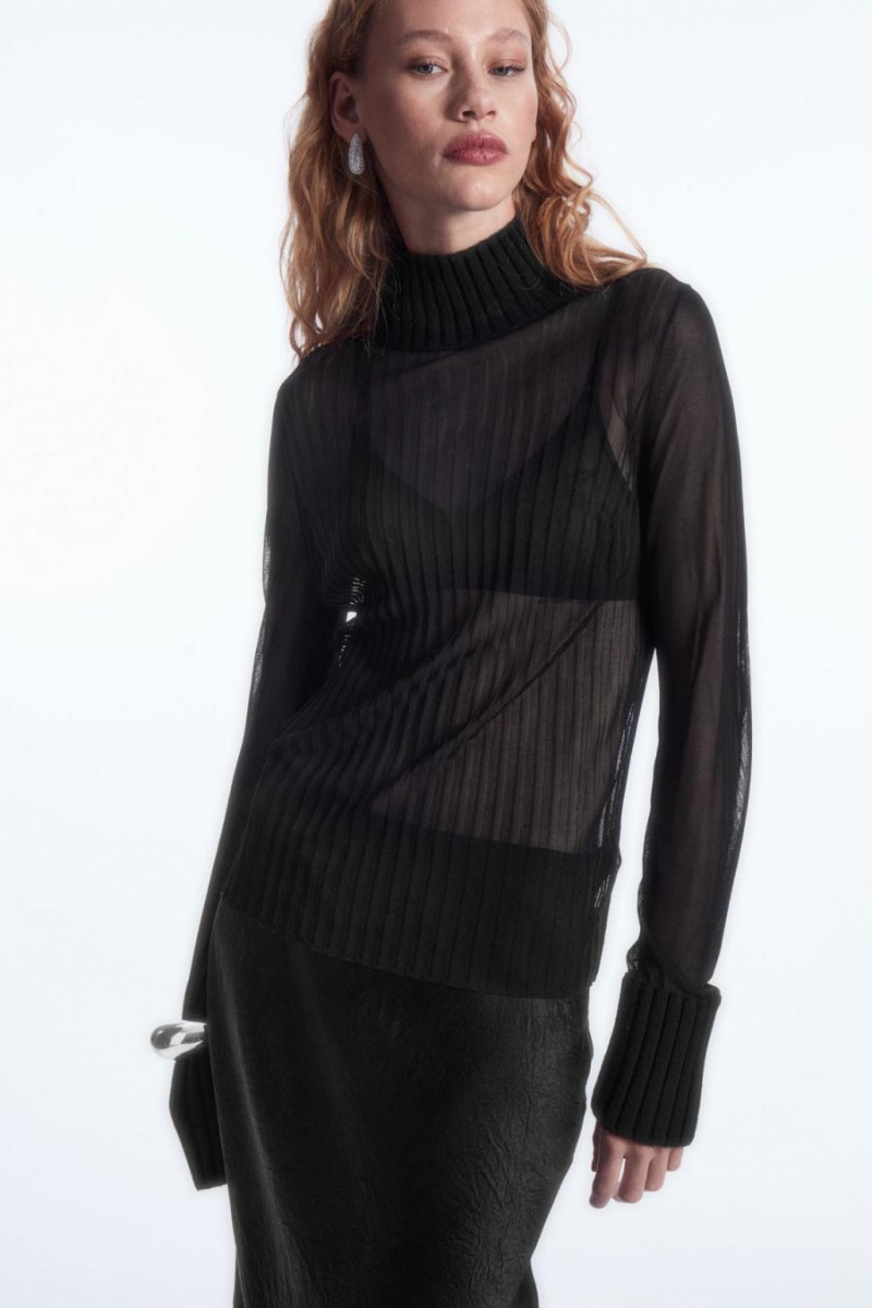 COS Bordázott Sheer Turtleneck Felső Női Fekete | OSY-826057