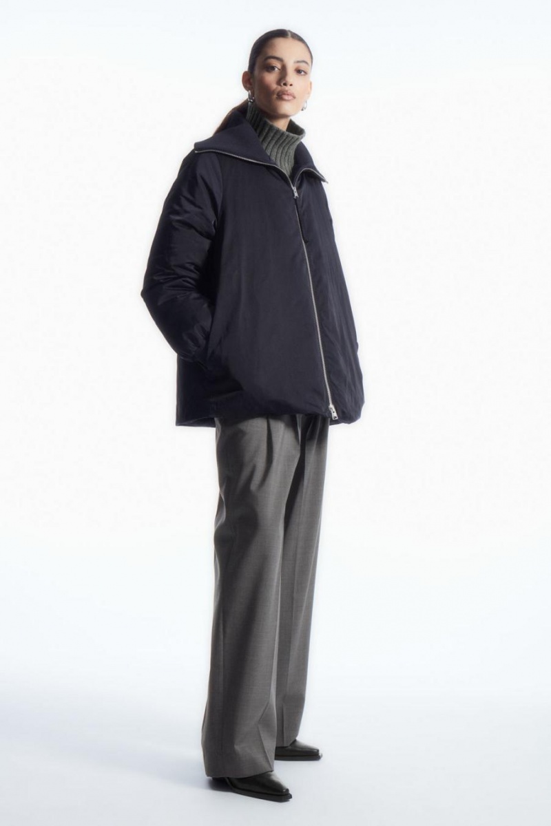 COS Bordázott-collar Puffer Kabát Női Sötétkék | FJM-312748