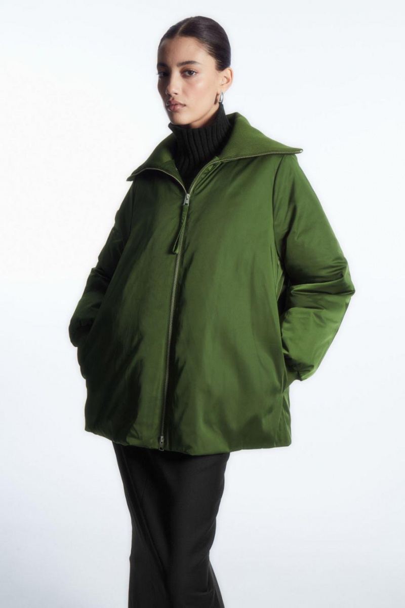 COS Bordázott-collar Puffer Kabát Női Sötétzöld | UDL-983570