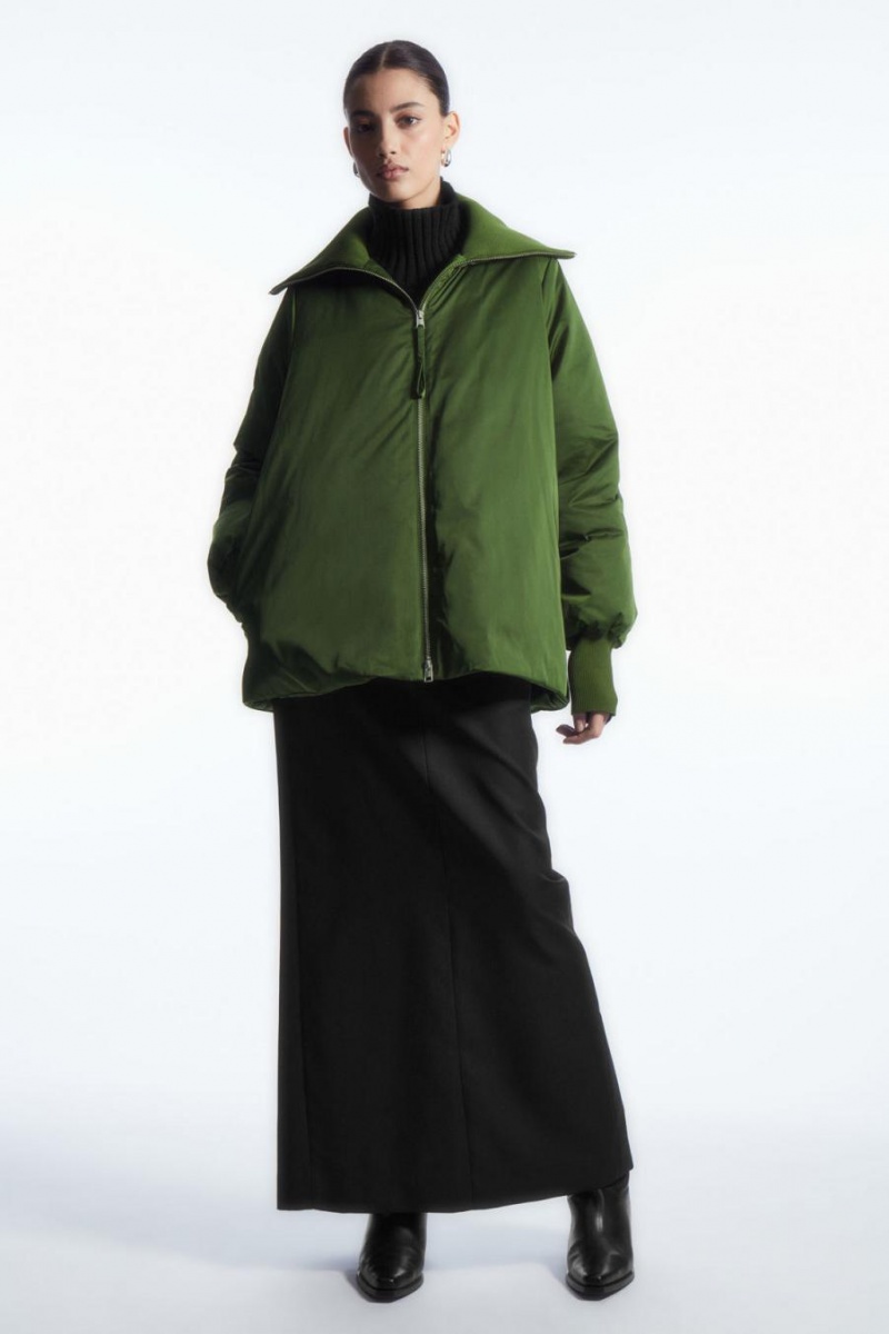 COS Bordázott-collar Puffer Kabát Női Sötétzöld | UDL-983570
