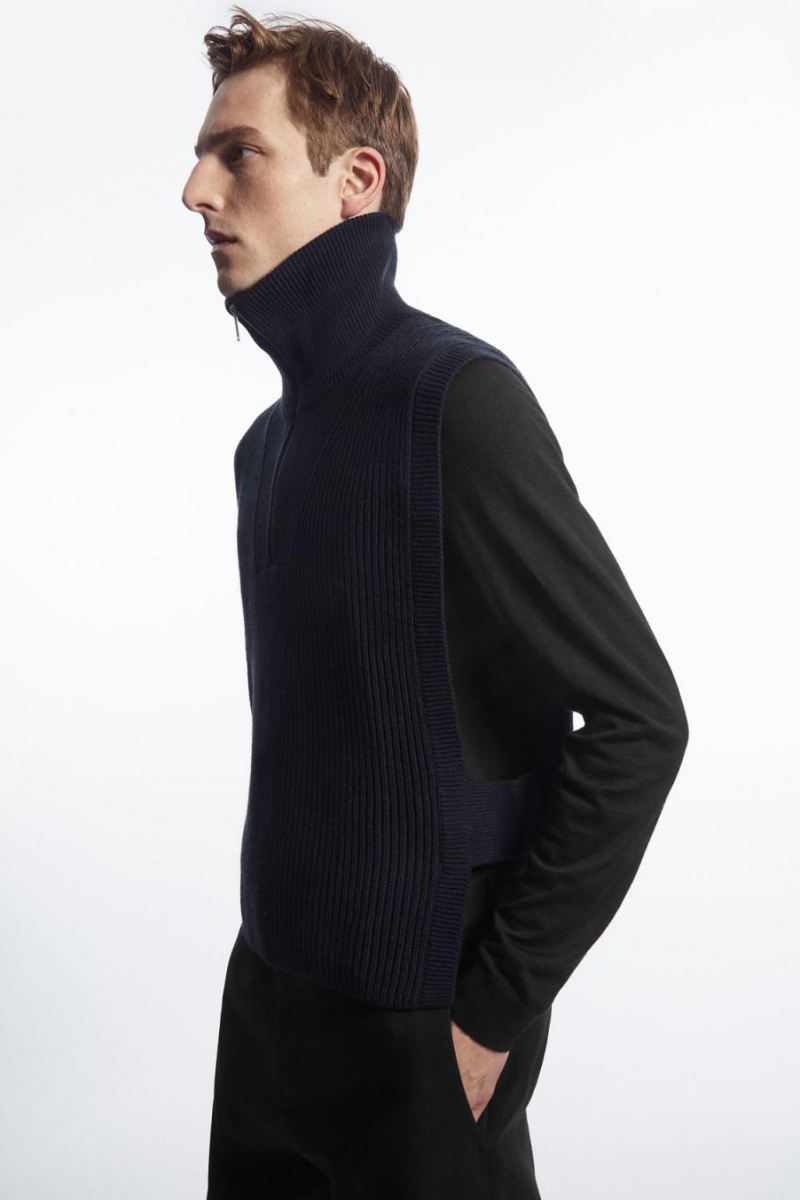 COS Bordázott-knit Half-zip Mellény Férfi Sötétkék | TDL-615238