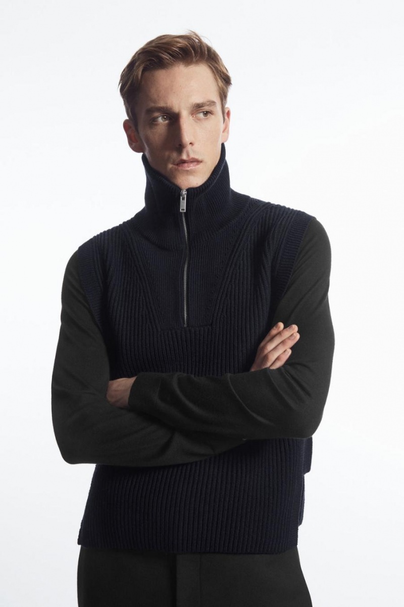 COS Bordázott-knit Half-zip Mellény Férfi Sötétkék | TDL-615238