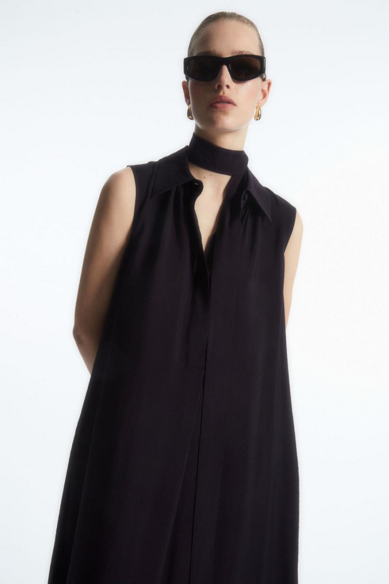 COS Bow Ujjatlan Midi Shirt Ruha Női Sötétkék | PQU-472819