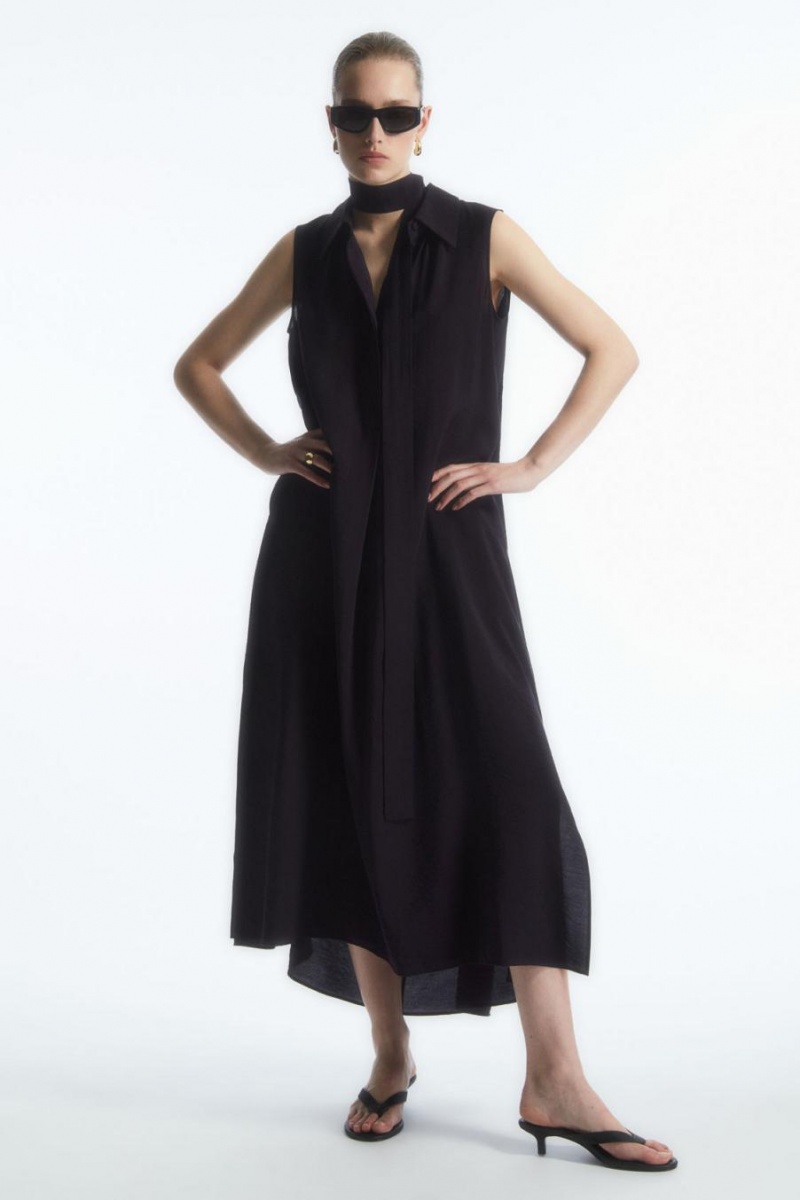 COS Bow Ujjatlan Midi Shirt Ruha Női Sötétkék | PQU-472819