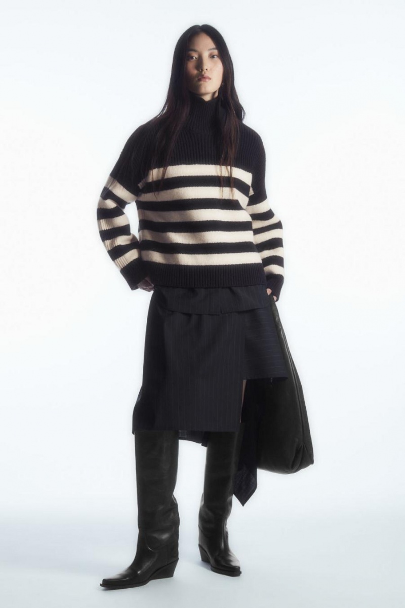 COS Button-embellished Csíkos Gyapjú Jumpers Női Sötétkék | FWP-396214