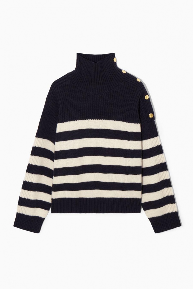 COS Button-embellished Csíkos Gyapjú Jumpers Női Sötétkék | FWP-396214