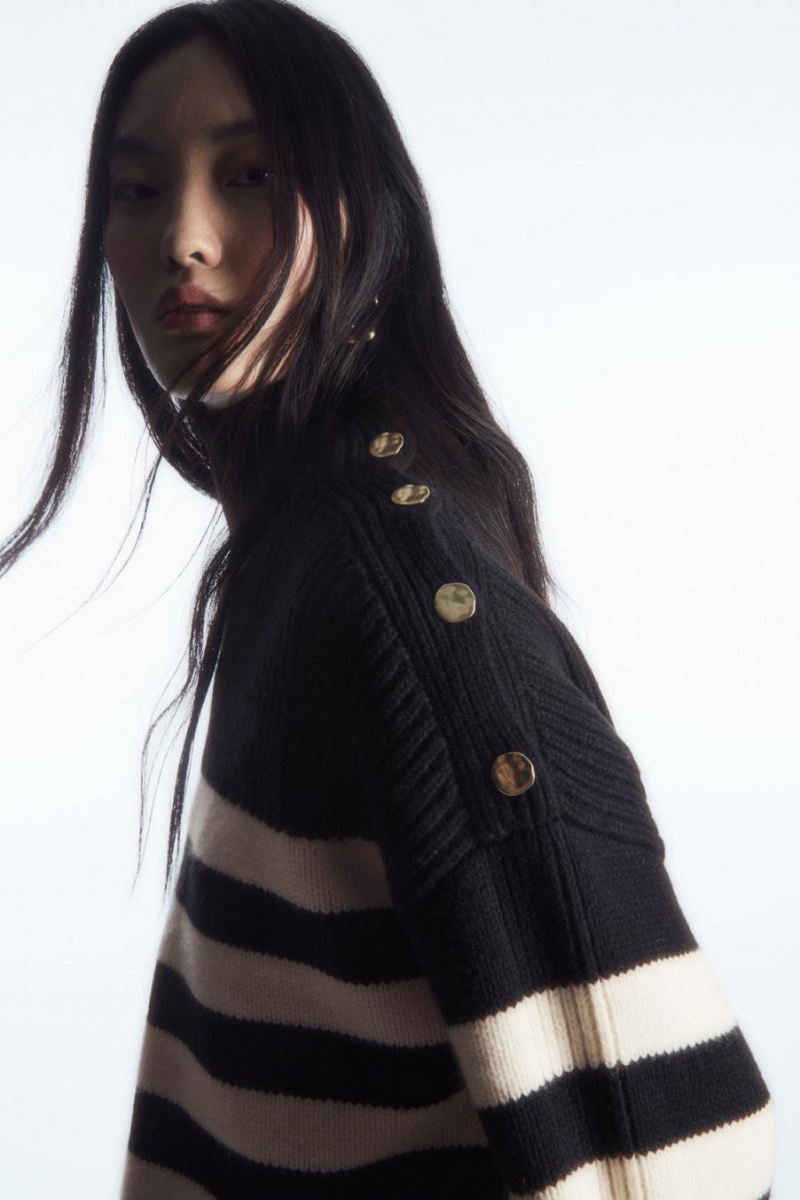 COS Button-embellished Csíkos Gyapjú Jumpers Női Sötétkék | FWP-396214