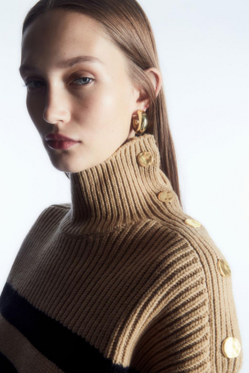 COS Button-embellished Csíkos Gyapjú Jumpers Női Bézs Fekete | SNC-265087
