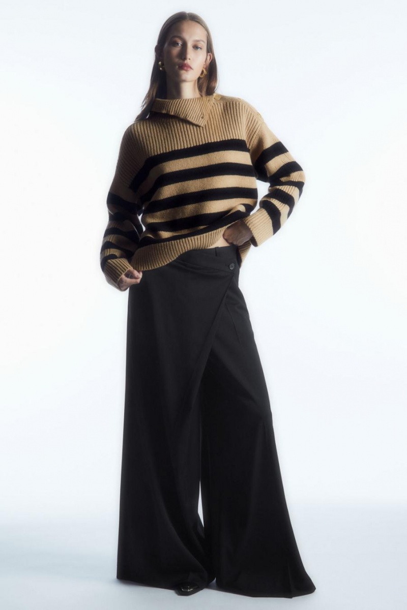 COS Button-embellished Csíkos Gyapjú Jumpers Női Bézs Fekete | SNC-265087