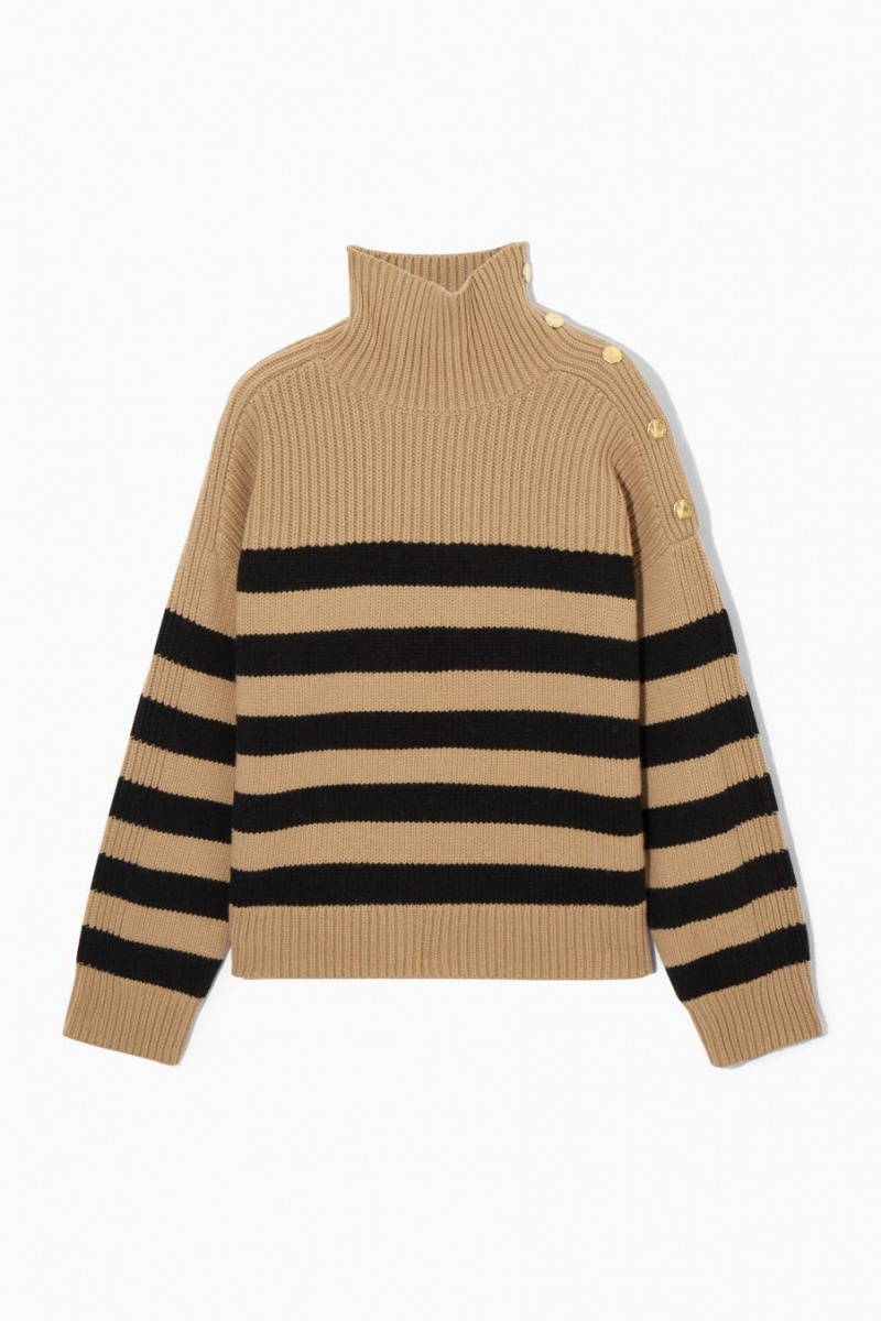 COS Button-embellished Csíkos Gyapjú Jumpers Női Bézs Fekete | SNC-265087