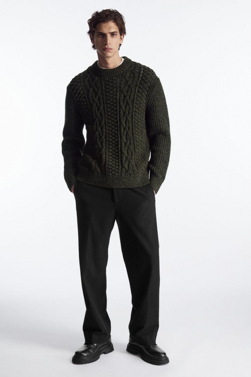 COS Cable-knit Gyapjú Jumpers Férfi Sötétzöld | JLD-067358