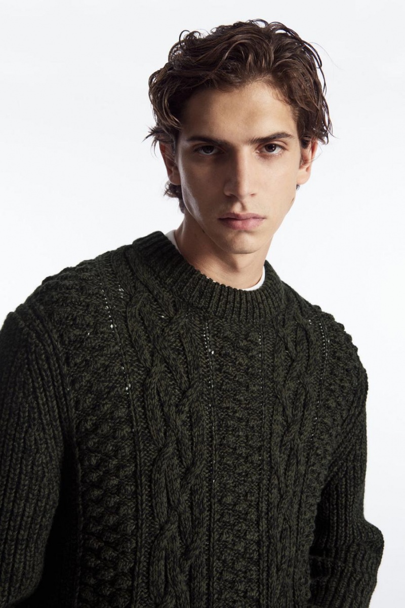 COS Cable-knit Gyapjú Jumpers Férfi Sötétzöld | JLD-067358