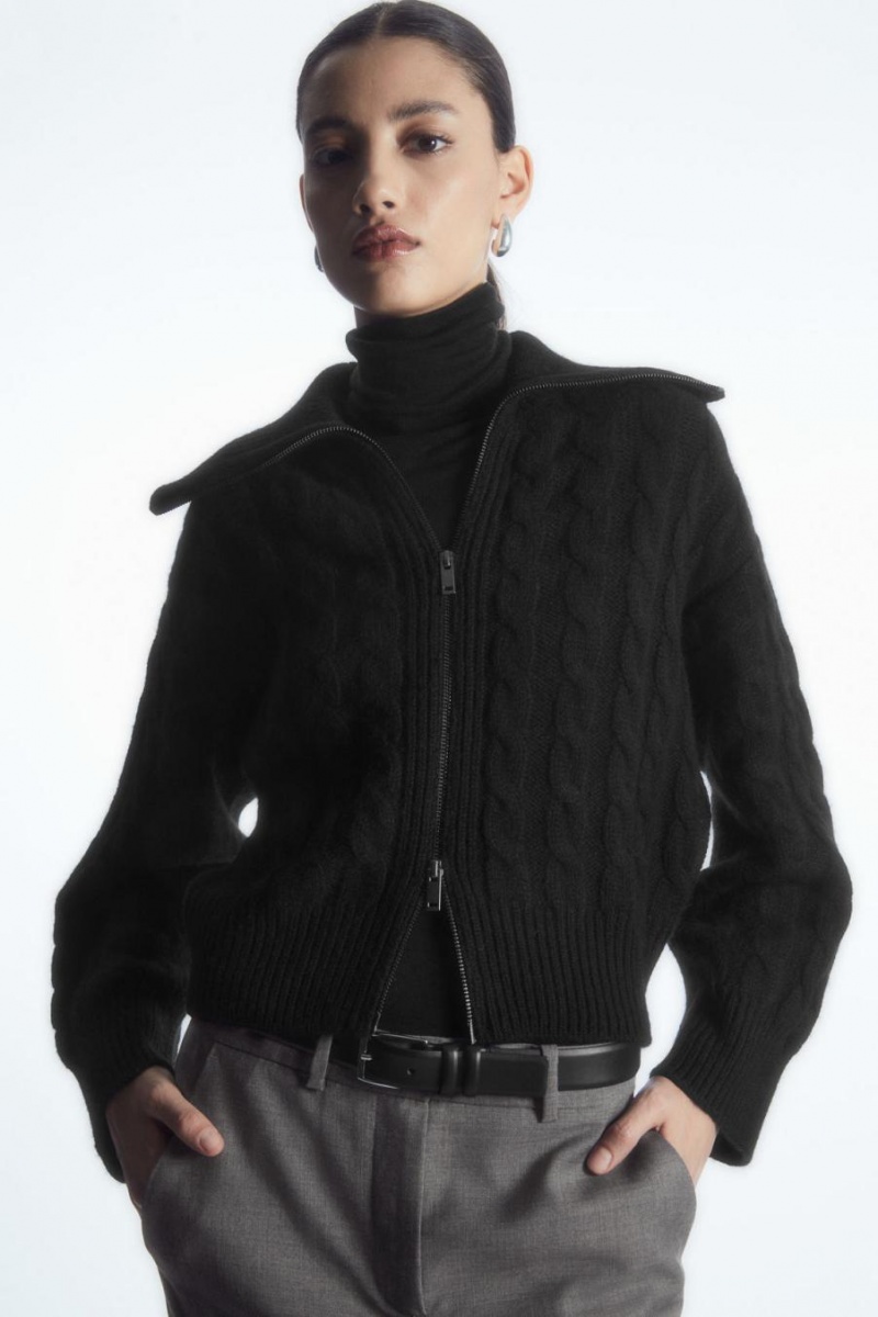 COS Cable-knit Gyapjú Zip-up Kabát Női Fekete | LAT-847036