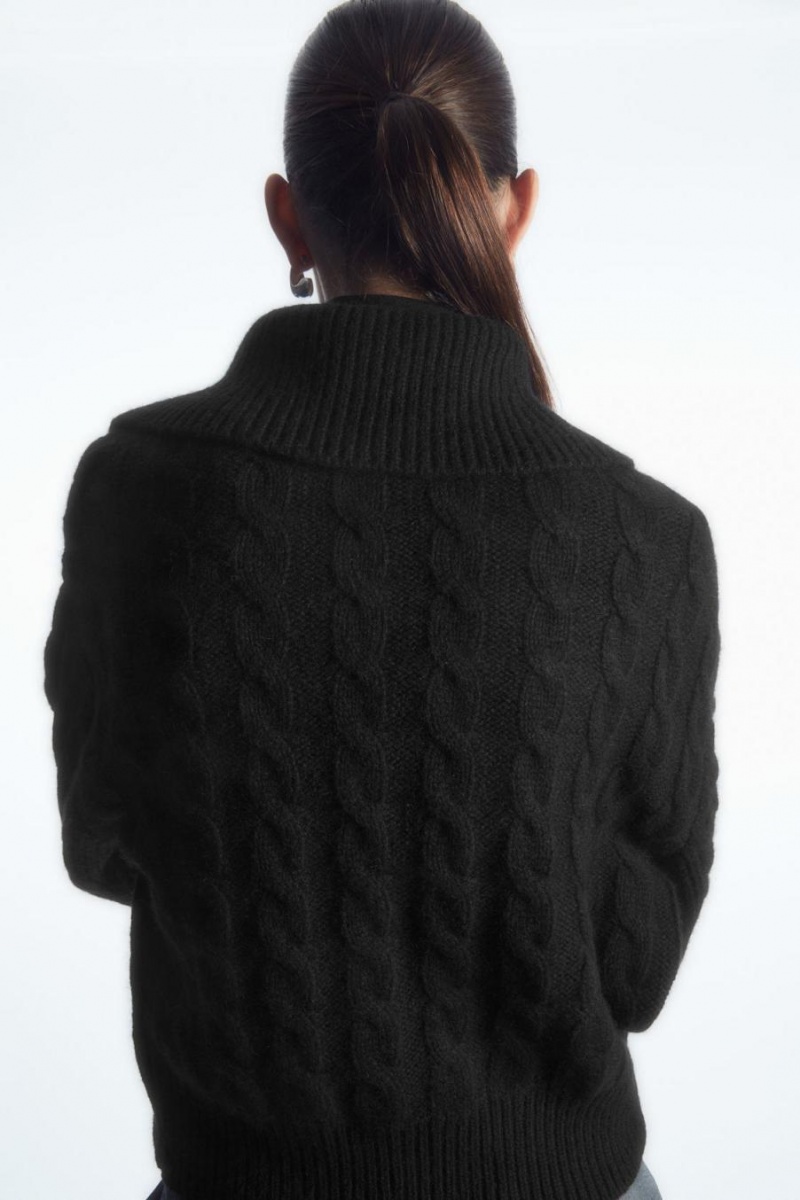 COS Cable-knit Gyapjú Zip-up Kabát Női Fekete | LAT-847036