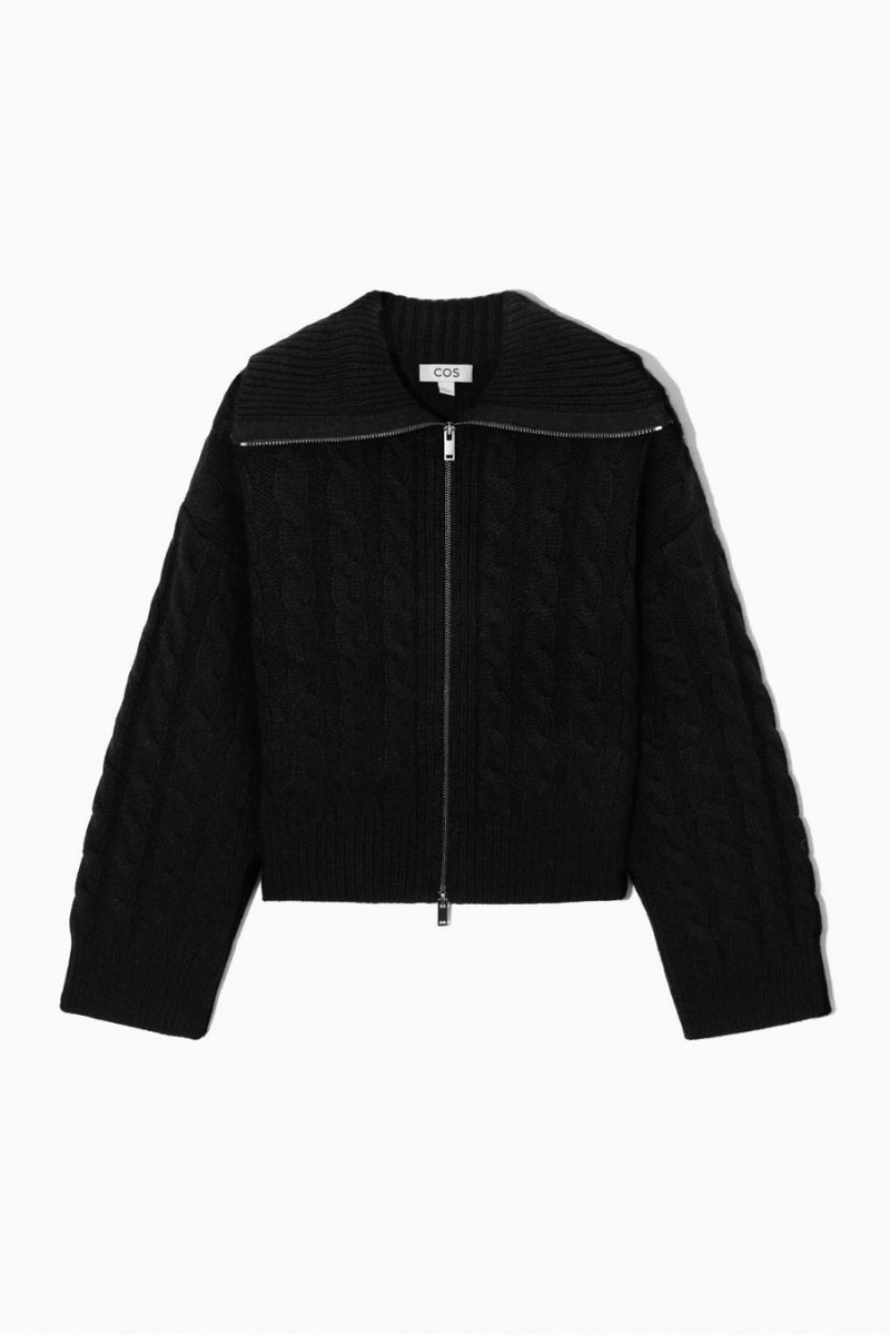 COS Cable-knit Gyapjú Zip-up Kabát Női Fekete | LAT-847036