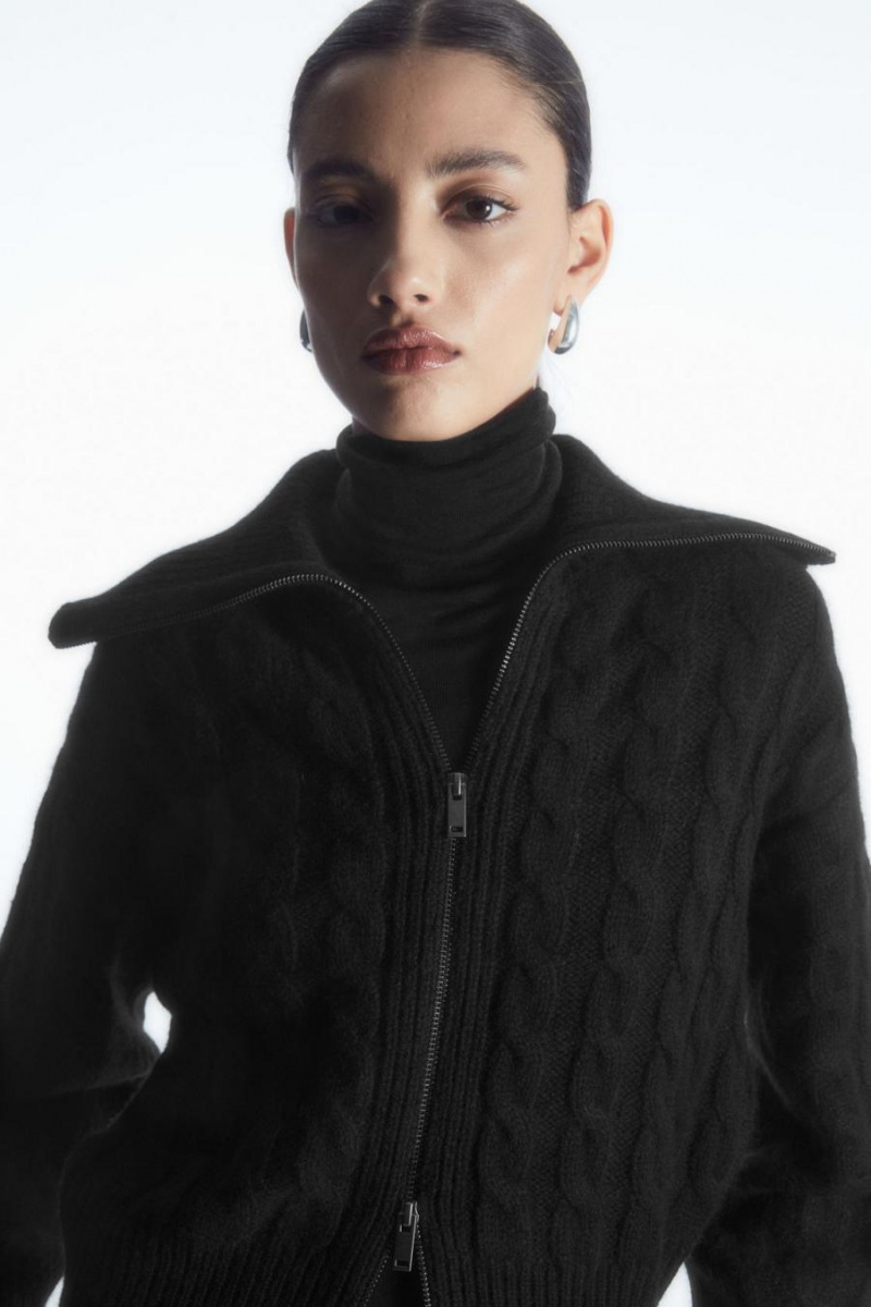 COS Cable-knit Gyapjú Zip-up Kabát Női Fekete | LAT-847036