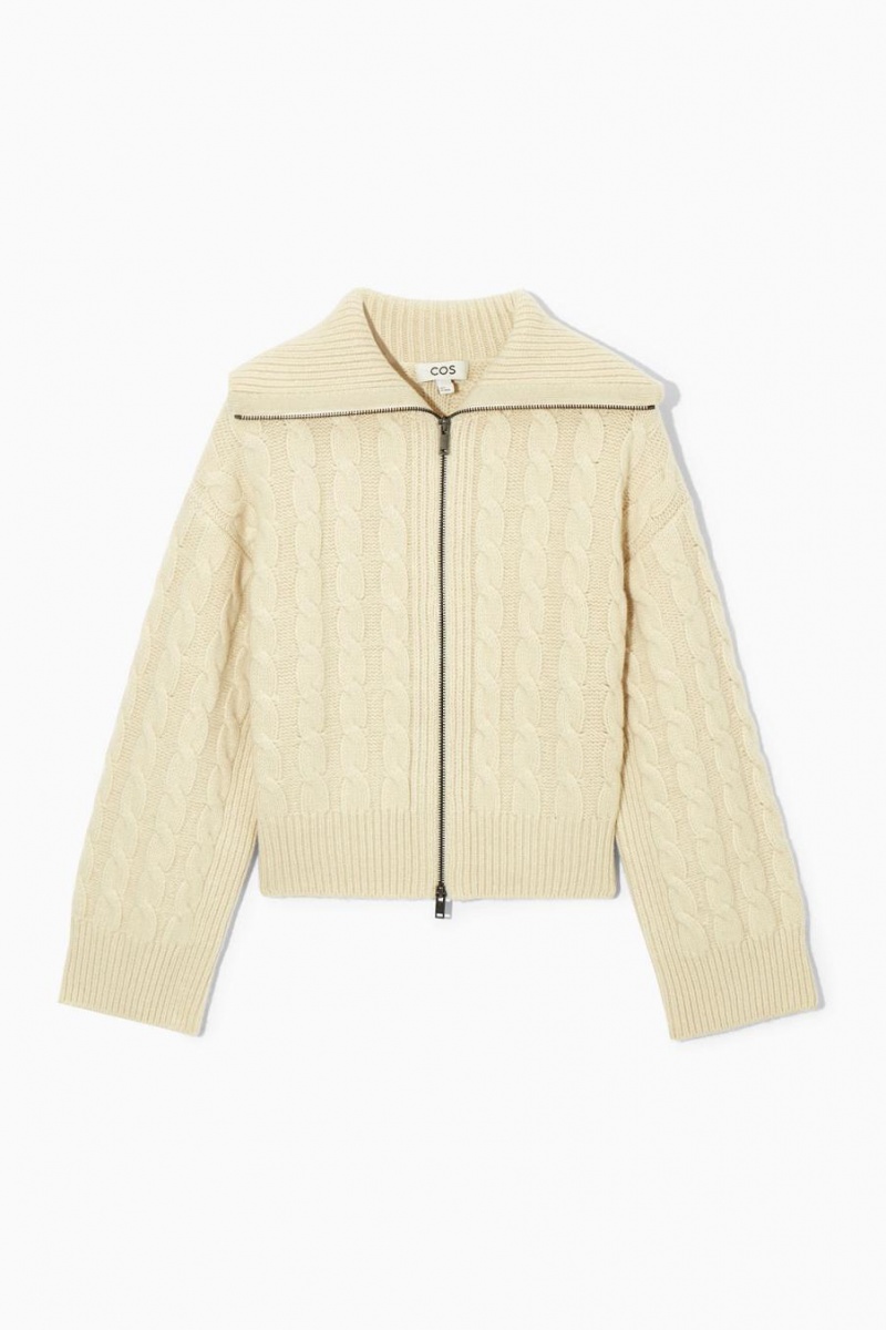 COS Cable-knit Gyapjú Zip-up Kabát Női Krém | TLB-120675