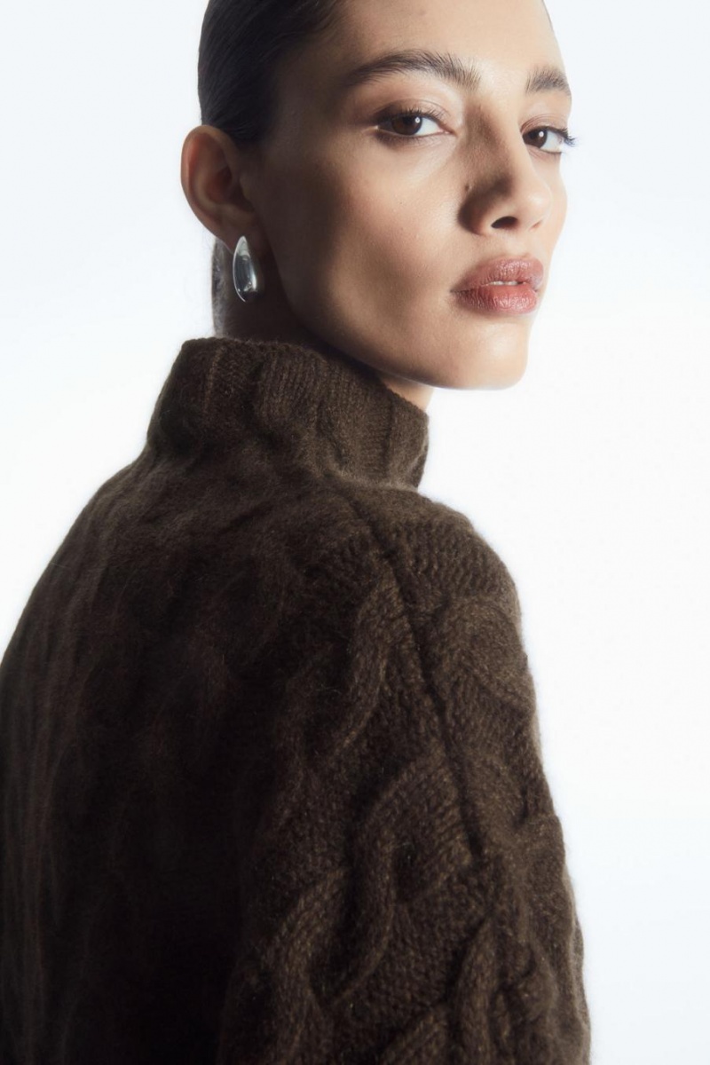 COS Cable-knit Yak Turtleneck Jumpers Női Sötétbarna | DIQ-435269