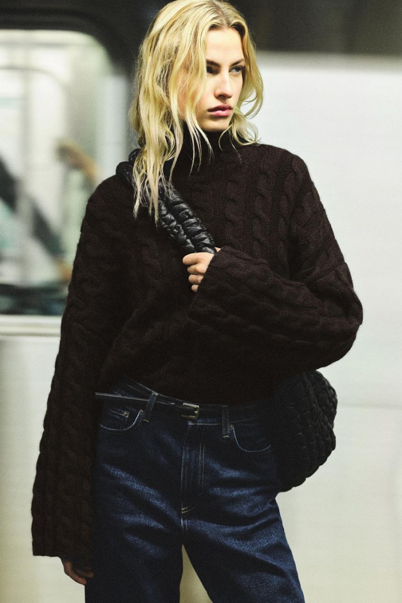 COS Cable-knit Yak Turtleneck Jumpers Női Sötétbarna | DIQ-435269