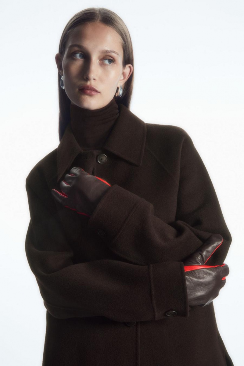 COS Cashmere-lined Colour-block Bőr Kesztyű Női Világos Piros Sötétbarna | NCE-259810