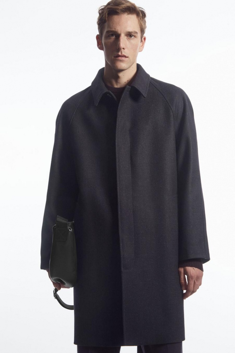 COS Checked Felted-wool Car Kabát Férfi Sötétkék | QNW-627405