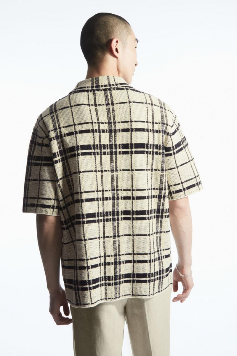 COS Checked Kötött Rövid-sleeved Ing Férfi Krém Fekete | HRO-786532